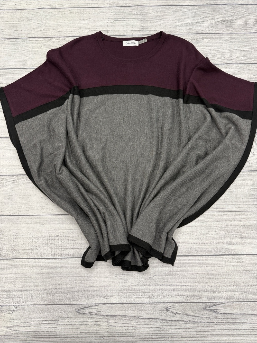 Calvin Klein Womens Poncho Cape Sweater Colorblock Gray Burgundy